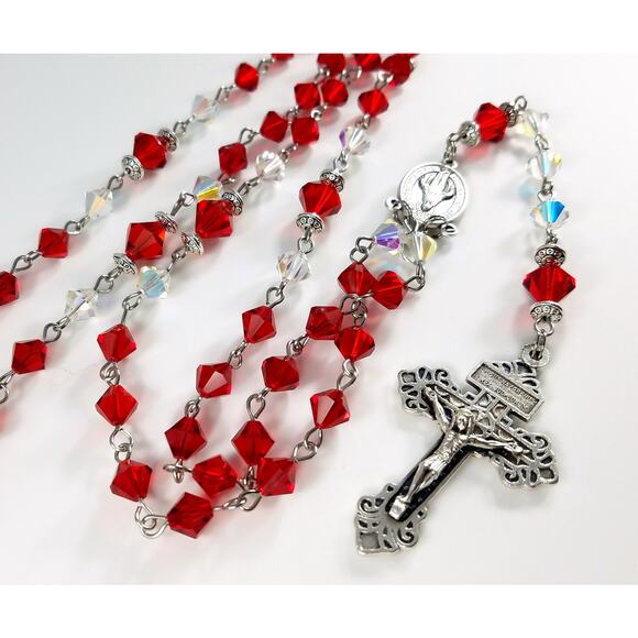 Vintage Red Clear Crystal Rosary, Pardon Crucifix, Hand Wire Wrapped - Picture 9 of 10